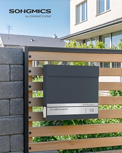 SONGMICS Briefkasten personalisiert, mit Namensschild, Hausnummernschild, Postkasten, Zeitungsfach, V-förmiges Sichtfenster, Schloss, modern, einfache Montage, anthrazit-silbern GMB080D01V1 - Cheap-Us