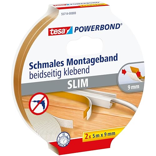 tesa Powerbond Montageband Schmal, 2 Stück - extra schmales Montageklebeband aus Schaumstoff, doppelseitig klebend - beige, 5 m x 9 mm - 2 Rollen - Cheap-Us