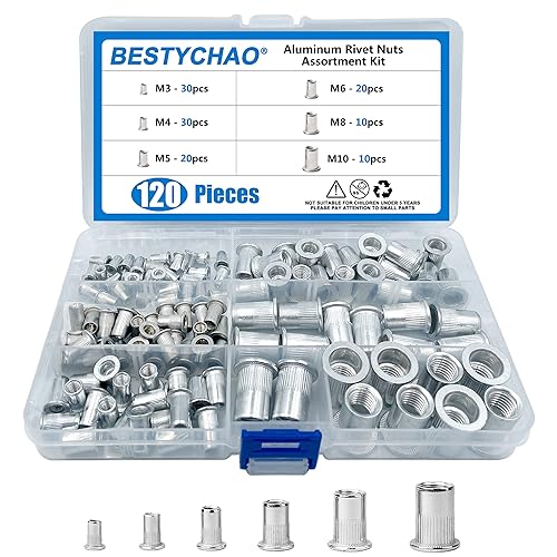 BESTYCHAO 120 Stück Aluminium-Nietmuttern, Flachkopf-Gewindeeinsatz, Nietmuttern, Nietmuttern, Sortimentskit M3, M4, M5, M6, M8, M10 - Cheap-Us