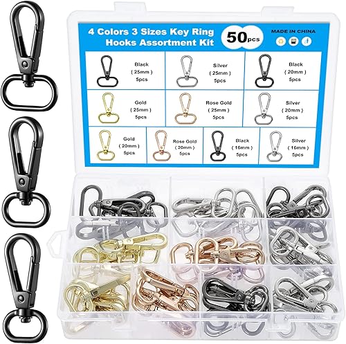 Knpwer 50 Stk Schwenk Karabinerhaken,Metallwirbel Verschlüsse,360 Grad drehbar Trigger Snap,Schlüsselanhänger D-Ringen 3 Größen, 16 mm, 20 mm, 25 mm - Cheap-Us