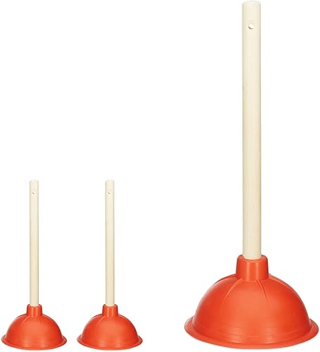 Relaxdays, rot/Natur Abflussreiniger Pömpel, Gummi Saugglocke, Abnehmbarer Holzstiel mit Öse, Toilette, Dusche, 30 cm, Holz, 1 Stück - Cheap-Us