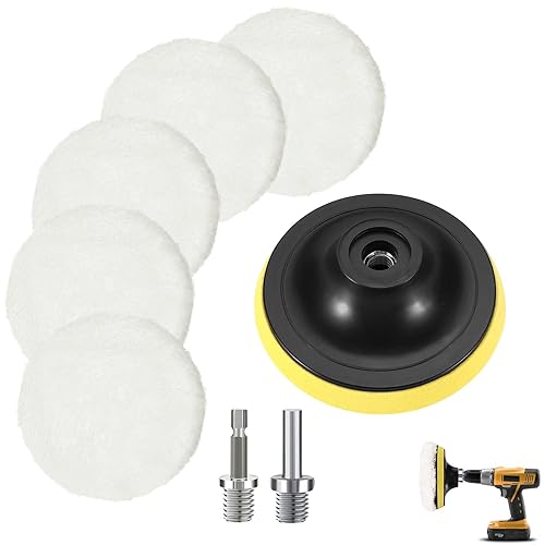 Auto Polierhaube, 5 Stück 125MM Wolle Polieraufsatz Akkuschrauber Winkelschleifer, Polierpad mit 6 Winkel Griff, Rundadapter, Klettverschluss, Leicht Austauschbar, für M10 Bohrer, für Autopolieren - Cheap-Us