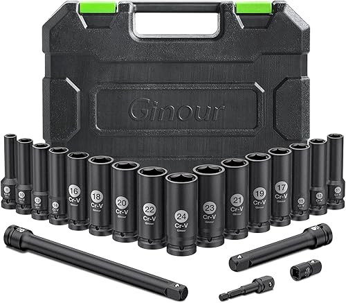 Ginour 20 tlg 1/2' Schlagschrauber Nüsse Set 8-24mm CR-V 16 tlg Sechskant Kraft Nuss, Stecknuss Set mit 3, 5,10-inch Verlängerung und 3/8' auf 1/2' Adapter - Cheap-Us