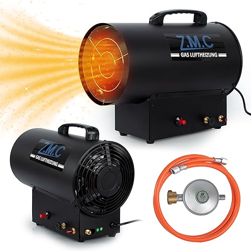 Z.M.C Gasheizgebläse Heißluftgenerator 15 kW inkl. Gasschlauch und Druckregler, Gasheizstrahler Gasheizlüfter mit Piezozündung, Heizkanone 300 m³/h Luftvolumenstrom, Werkstattheizung - Cheap-Us