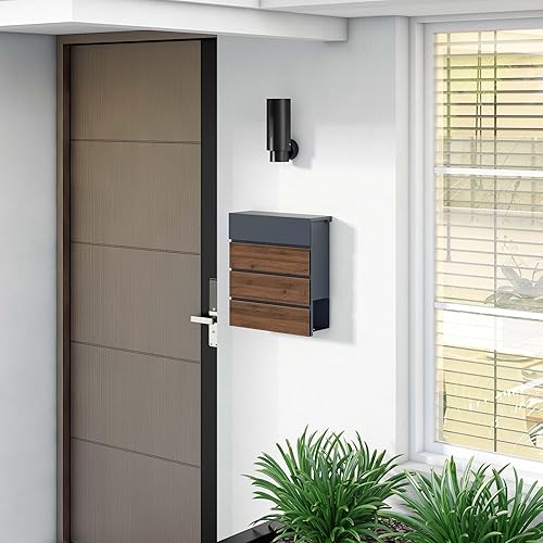 Toboli Briefkasten V63 Anthrazit und Holzdesign 410 x 130 x 370 mm, Wandbriefkasten mit Schloss, Soft Close Klappe und Zeitungsfach, Postkasten aus Stahl pulverbeschichtet - Cheap-Us