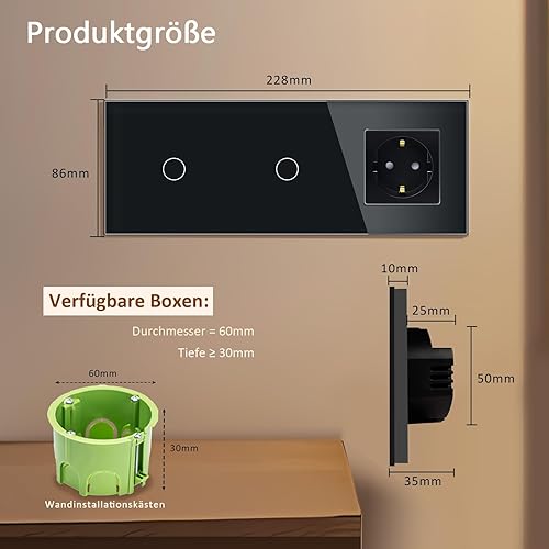 TAWOIA Normaler Lichtschalter,Wandlichtschalter,Standard 110 V - 240 V Glasscheibe,86 * 86 mm,1 Fach 1 Wege Berührungs Lichtschalter,Schwarz - Cheap-Us