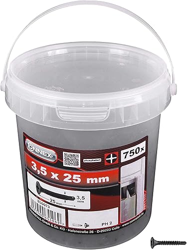 Connex Schnellbauschrauben 3,5 x 25 mm - 750 Stück - Mit Feingewinde & Bohrspitze - Trompetenkopf - PH Phillips-Antrieb - Schwarz phosphatiert / Trockenbauschrauben / Schrauben-Eimer / B30073 - Cheap-Us
