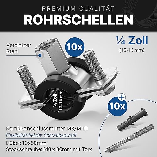 GARSIDURO® Profi Rohrschellen | 3/4 Zoll (26-30mm) 10 Stück | mit passenden Stockschrauben und Dübeln | Schraubrohrschellen Stahl verzinkt mit Gummieinlage zur Rohrbefestigung und Rohrhalterung | 3/4' - Cheap-Us