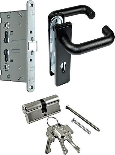 SN-TEC Stahltür/FH Tür Komplett Set Beschlag (beidseitig Drücker) + FH Schloss (DIN Links/Rechts Falle und Riegel Mittig) + Profilzylinder - Cheap-Us