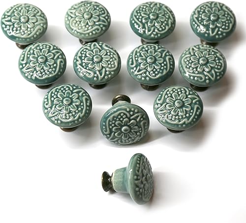 Auped 12 Möbelknöpfe im Vintage-Stil 34 mmfor Kitchen Cabinet Vintage Drawer Knobs Retro Furniture Knobs Flower Design Drawer Knobs for Furniture Drawer Cabinet (Grün) - Cheap-Us