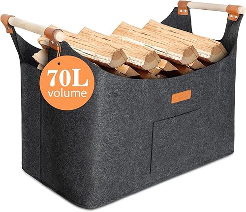 Faltbarer Holzkorb Filztasche 50 x 32 x 40 cm 70L, Korb Aus Brennholz Mit Griff, Extra Dicker Filzkorb, Er Kann Auch Als Aufbewahrungskorb Für Einkäufe Und Zeitungen Verwendet Werden (Dunkelgrau) - Cheap-Us