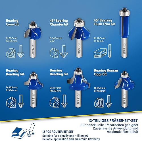S&R Hochleistungs Fräser-Set 12-tlg, Holzfräser in Industrie-Qualität für hartes und weiches Holz mit Holzkoffer, Fräser-Bit Satz, Schaft 8mm, gehärtete Wolframkarbid Hartmetall-Schneiden, YG8 - Cheap-Us