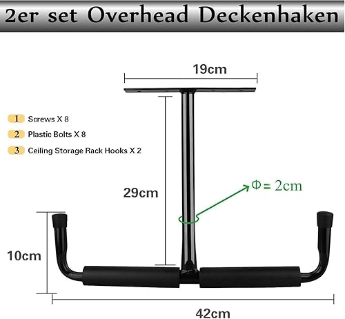 HOME COMPOSER Garage Schwerlasthaken Gummiert Deckenmontag, 4er Set Autoreifen Deckenhaken Schwarz Stahl Doppelt Spitze, 20cm Deckenhalterung für Leiter und Sportgeräte wie Ski, Surfboard, Angelrute - Cheap-Us