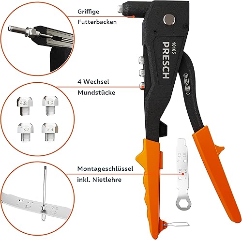 Presch Blindnietzange Set 79tlg. im Koffer - Inkl. 75 Blindnieten, passenden HSS Bohrern und Montageschlüssel mit Nietlehre - All in One Nietzange Set - Blindnietzange Profi - Cheap-Us