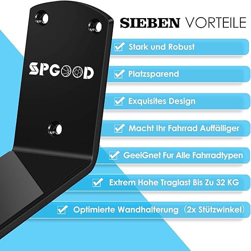 SPGOOD Fahrrad Wandhalterung 3 in 1 Fahrradhalterung, Aufhängung Fahrradhalter 2X Stützwinkel 2X Chutzpads Tragkraft 32KG für MTB,E-Bikes,Rennrad Schwarz - Cheap-Us