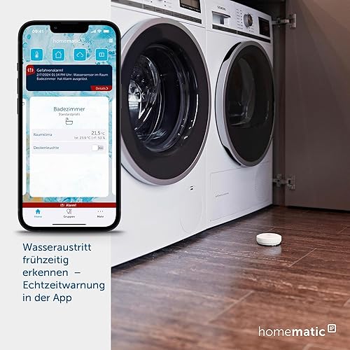 Homematic IP Smart Home Wassersensor, Wassermelder für zuverlässige Alarmierung per Sirene und Push-Benachrichtigung in der Smartphone-App bei Feuchtigkeit und Wasser, 151694A0 - Cheap-Us