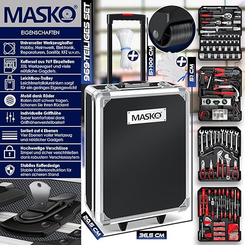 MASKO® Werkzeugkoffer 1299-teilig gefüllt | Werkzeugset im Aluminiumkoffer | Werkzeugkasten mit Rollen | Werkzeugkiste Haushalt, Haus, Hobby, KFZ | Trolley-Funktion | Profi Werkzeugwagen Handwerkzeug - Cheap-Us