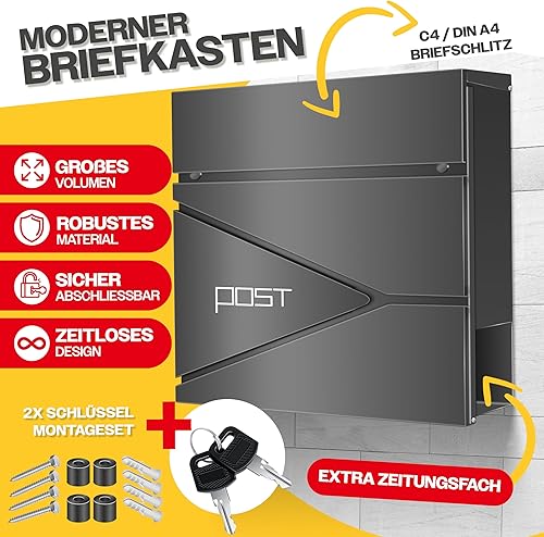 KESSER® Briefkasten mit Zeitungsfach Wandmontage Wandbriefkasten Edelstahl, 2X Schlüssel abschließbar, Moderner Postkasten Zeitungsrolle, inkl. Montagematerial, Softclose-Deckel, Silber/Anthrazit - Cheap-Us