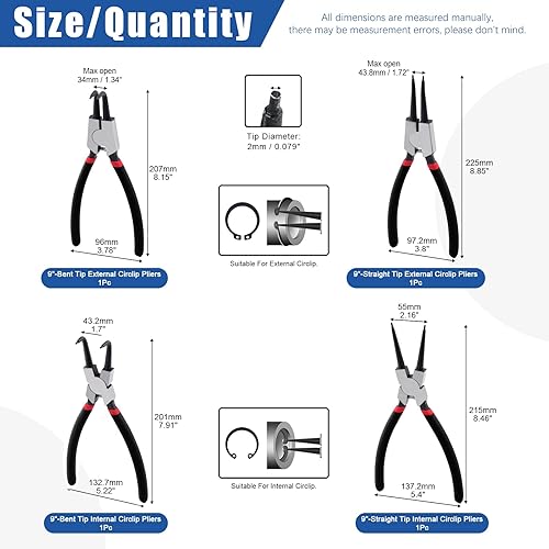Glarks Sicherungsringzange, 17,8 cm, mit 4 Präzisionshaken, 17,8 cm, für Ringentferner, zum Halten und Entfernen von Schläuchen, Dichtungen, 4 Stück - Cheap-Us
