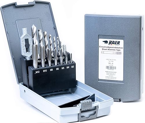 BaerCoil BAER Gewindeschneider Set HSS inklusive Bohrpaste: Gewindeschneider Satz - Kernlochbohrer - Windeisen M 3-12 - Gewindebohrer Set - Gewindeschneidsatz - Gewinde schneiden - Cheap-Us