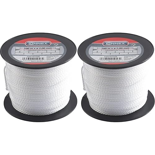 Connex Maurerschnur weiß - 100 m Länge - Ø 2,0 mm - Polypropylen geflochten -Knotenfest -Reißfest & Belastbar - Auf Spule, Richtschnur, Bauschnur, Lotschnur, Pflasterschnur, COX781550, Packung mit 2 - Cheap-Us