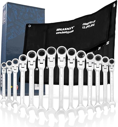 HASKYY 14-Tlg. Gelenk-Ratschenschlüssel Satz I Set 8-22 mm Gabelschlüssel-Ringmaul-Schlüssel-Set - Cheap-Us