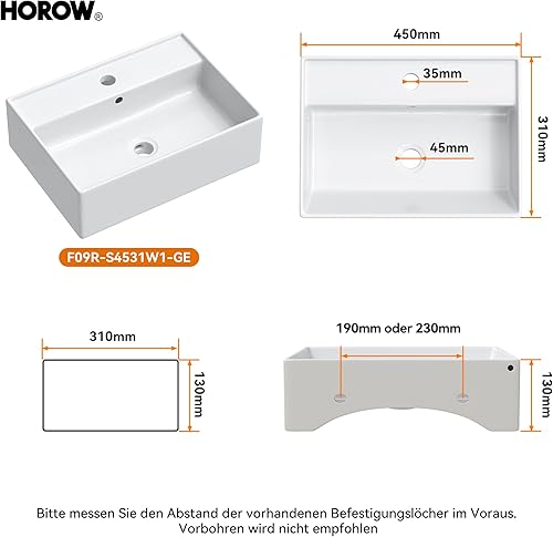 HOROW Waschbecken Bad Eckig 40 cm, Moderner Waschtisch Weiß, ohne Überlauf, mitHahnloch, Kleine Handwaschbecken, Hängewaschbecken Aufsatzwaschbecken Gäste WC - Cheap-Us