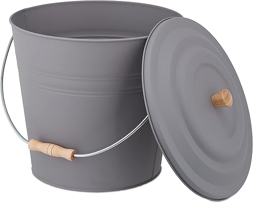 Relaxdays Ascheeimer mit Deckel, 12 Liter, Kamineimer, Stahl & Holz, Aschebehälter mit Henkel, Kamin, Ofen & Grill, grau - Cheap-Us