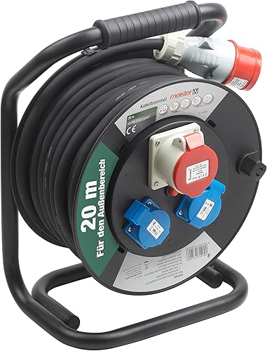 Meister Kabeltrommel H07RN-F5G2,5, IP44 - 20 m Kabel - Thermoschutz-Schalter - Outdoor / Kabelrolle mit CEE- & Schuko-Steckdosen / Kabelbox mit Verlängerungskabel / Leitungsroller mit Kurbel / 7435900 - Cheap-Us