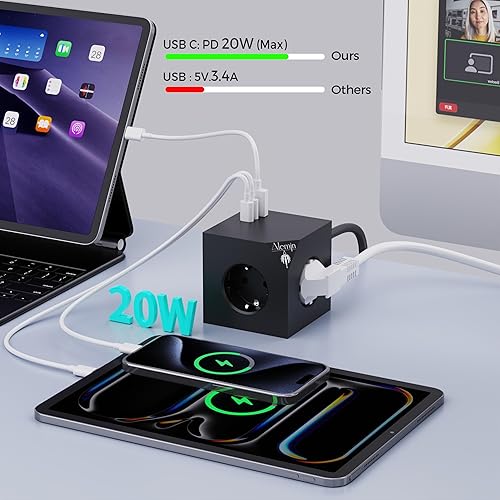 PD20W Power Steckdosenwürfel mit 3 USB, Magnetischer Fuß Würfel Mehrfachsteckdose, 6-in-1 steckdosenleiste mit Schalter, 3680W/16A Power Cube Wandsteckdose Steckdosenadapter für Büro,Hause - Cheap-Us