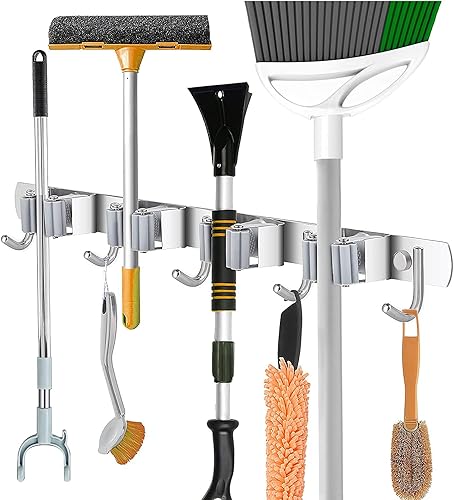 naspiweiya Aufhänger und Organizer, Edelstahl, Organizer für Besen und Wischmopps für Zuhause, Küche, Garage (4 Positionen und 5 Haken) - Cheap-Us