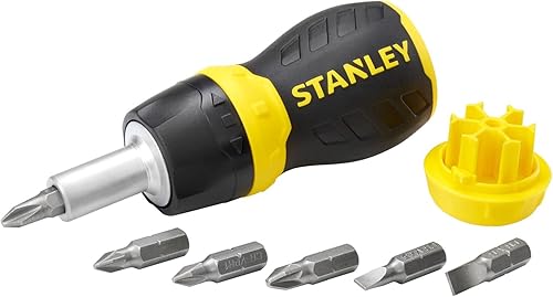 Stanley Bit-Schraubendreher Stubby (mit Ratsche, kurze Ausführung, sechs Bits, PZ1/2;PH1/2;SL4/5/6, magnetische Spitze) 0-66-358 - Cheap-Us