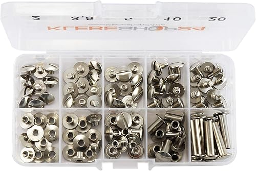 Klebeshop24 Buchschrauben Set | Sortimentsbox mit 5 verschiedenen Größen | 2 bis 20 mm Füllhöhe | Verschiedene Ausführungen / (Vernickelt) - Cheap-Us