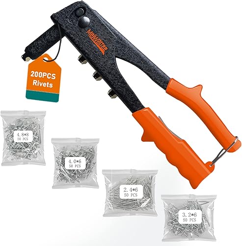 Meiwaltee Blindnietzange Set 4 - in -1, Nietzange Set Mit 200 Nieten in 4 Größen 2,4 MM -3,2 MM - 4,0 MM - 4,8 MM, Langlebig und geeignet für Metallarbeiten, Automotive und Andere Gängige DIY-Projekte - Cheap-Us