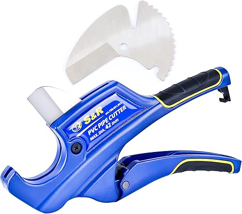 S&R Rohrschneider mit 2 Klingen, Ratschen-Rohrschere, Leitungsschneider für Kunststoff-Rohre bis 42 mm (1 5/8 Zoll) aus PVC, CPVC, PE-X, PE, PP-R, Edelstahl-Klinge HRC 54, Ergo-Griffe, Ersatzklinge - Cheap-Us