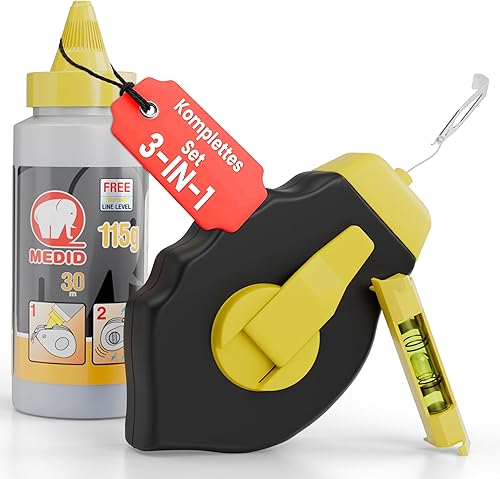 MEDID Schlagschnur-Set - 30 Meter Maurerschnur - 115 gr. blauer Schlagschnur Kreide - Richtschnur inklusive Schnurwasserwaage – robustes Schlagschnurgerät aus ABS mit Edelstahl Endhaken - Cheap-Us