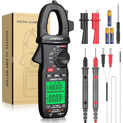 CAMWAY Stromzange, Strommessgerät DC/AC Strom 0-600A, Zangenmultimeter True-RMS 6000 Counts Auto-Ranging mit LOWZ, misst AC/DC Spannung Strom Widerstand NCV Dioden Kapazität Tastverhältnis Temperatur - Cheap-Us
