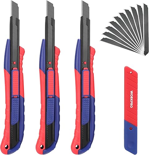 WORKPRO 3 Stück Cuttermesser Set 9mm mit 10 Ersatzklingen aus SK5, 2-in-1 Cuttermesser Profi mit Komfortgriff, Edelstahl-Schiene, Kartonmesser Abbrechklingen, Zum Schneiden von Papier, Pappe - Cheap-Us
