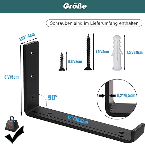 MLOQI 2 Stück Regalhalterung Schwarz, Regalwinkel Schwarz Metall, Wandhalterung Regal mit Lippen Regalträger 5mm Dick 15 cm - Cheap-Us