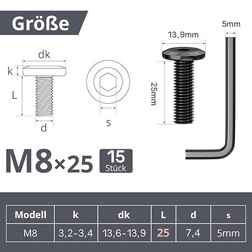 30 Stück Schrauben M8 x 40 mm, Flachkopfschrauben M8 Innensechskant Edelstahl A2 V2A Vollgewinde Schwarzes Oxid mit Innensechskantschlussel - Cheap-Us