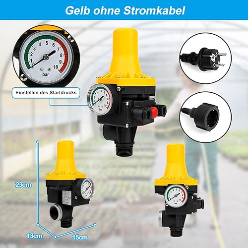 Tubiaz Druckwächter für Pumpensteuerung, Druckschalter 10bar mit Kabel, Durchflusswächter, automatisches Ein- und Ausschalten, für Hauswasserwerk, Gartenbewässerung, gelb - Cheap-Us