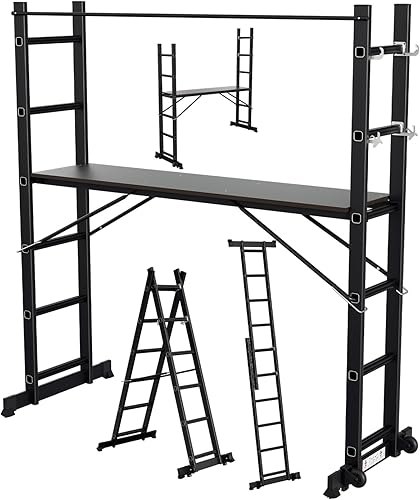 Gimisgu Gerüst, 4 in 1 Alu Multifunktionsleiter 6+6 Stufen, Mobile Mehrzweckleiter mit Plattform und 2 Räder, Arbeitsgerüst, Arbeitsbühne, Belastbar bis max. 150 Kg, Silber - Cheap-Us