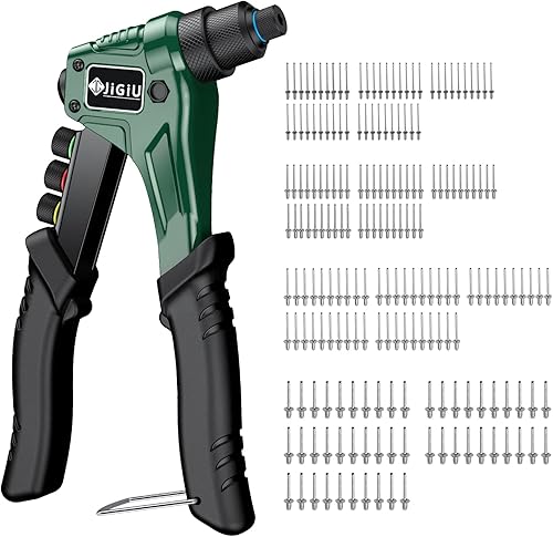 JiGiU Nietzange Set, Blindnietzange inkl. 200pcs Nieten 2,4/3,2/4,0/4,8mm Austauschbaren Mundstücke 8' Popnietenzange mit Ergonomischer Griff Professional Nietpistole - Cheap-Us