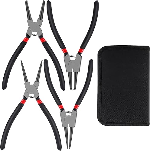 VFANDV Sprengringzangen Set, 4 Stück Sprengringzangen mit Tasche Gebogene Gerade Innere Externe Sprengringzange Gerade Sicherungsringzange mit Kunststoff Griffen Sicherungsringzangen Außen - Cheap-Us