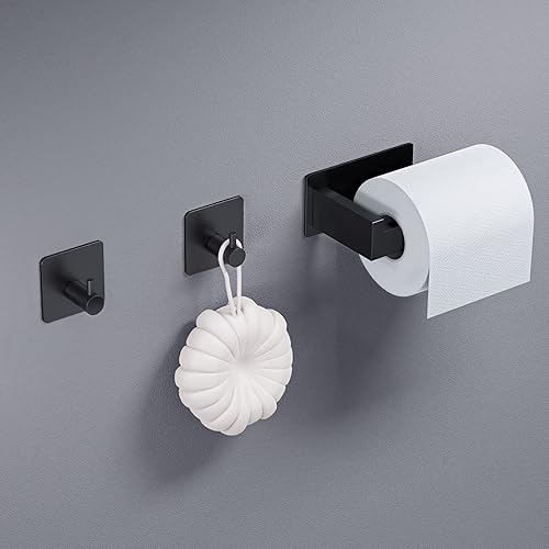 Eowihor Toilettenpapierhalter Ohne Bohren, Selbstklebend Klopapierhalter WC Papierhalter Edelstahl Toilettenpapierrollenhalter mit 2 Stück Handtuchhaken für Bad und Küche, Schwarz - Cheap-Us
