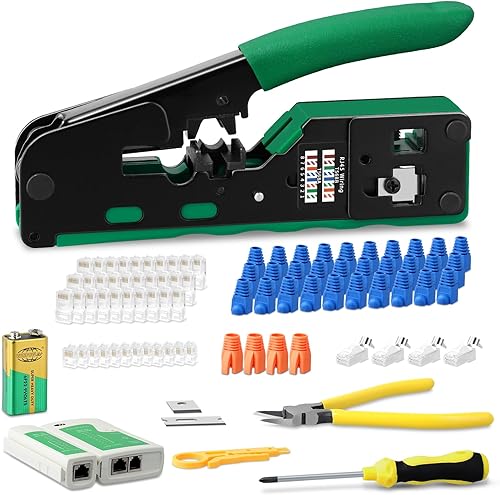 RJ45 Crimpzange Set, Netzwerk Werkzeug Set mit 4 x Cat7/6a RJ45 Stecker, 30 x CAT.5/5e/6 RJ45 Stecker, 10 x 6P6C RJ11/RJ12 Stecker, RJ45/RJ11/RJ12 Reparaturwerkzeuge mit Netzwerktester - Cheap-Us