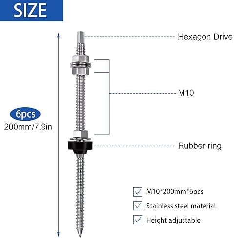 12 Stück Stockschrauben M10 x 200mm, Edelstahl Höhenverstellbar Stockschraube, Dübel für Photovoltaik Solarbefestigung auf Gebäudedächer - Cheap-Us