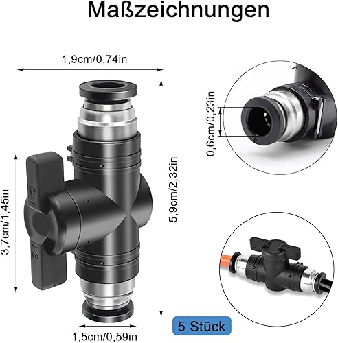 Pneumatik Steckverbinder, 5 Stück Pneumatischer Kugelhahn 6mm, Steuerventilfittings, Push to Connect Steuerventilfittings, für Pneumatikschlauch, Gas Schnellkupplung - Cheap-Us