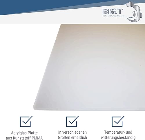 B&T Metall PMMA Acrylglas Opal Weiß glatt 2,0 mm stark Milchglas Lichtdurchlässigkeit 78% UV beständig beidseitig foliert im Zuschnitt Größe 40 x 60 cm (400 x 600 mm) - Cheap-Us