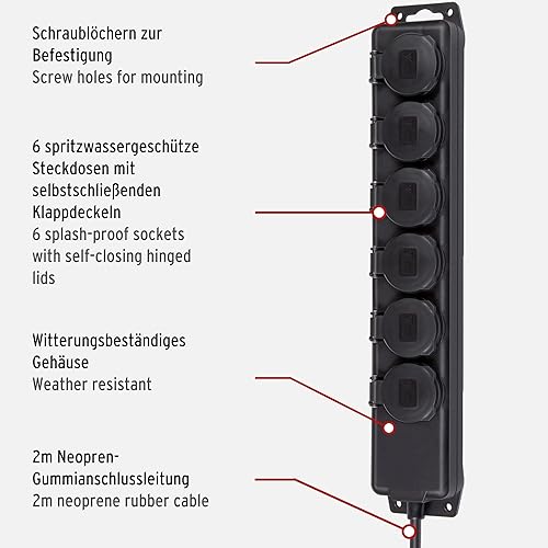 Brennenstuhl Steckdosenverteiler IP44 4-Fach (Steckdosenleiste für den Baustelleneinsatz und den ständigen Einsatz im Freien, 2m Kabel) schwarz - Cheap-Us